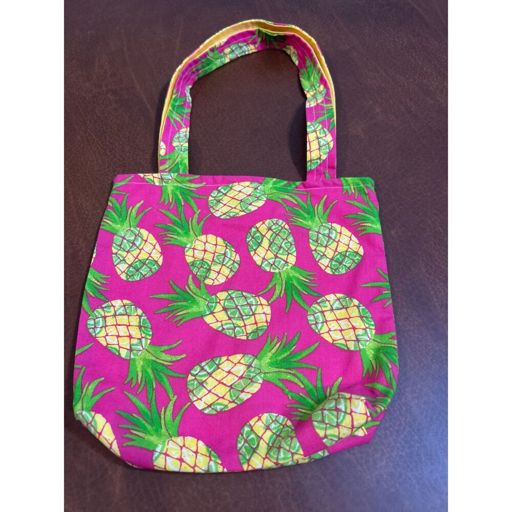 Pineapple Pink and Yellow Cotton Tote Bag Hand Made 9x9 Snap Button